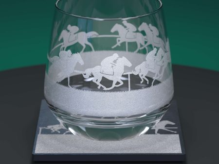 Horse Racing Engraved Glass Tumbler and Slate Coaster Set on Sale