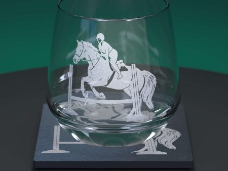 Horse Jumping Engraved Glass Tumbler and Slate Coaster Set For Sale