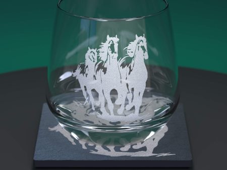 Wild Horses Engraved Glass Tumbler and Slate Coaster Set Online now