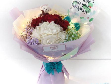 [MEDIUM+ BOUQUET] 5   Led Personalised Balloon with Hydrangeas and Roses Flower Bouquet For Cheap