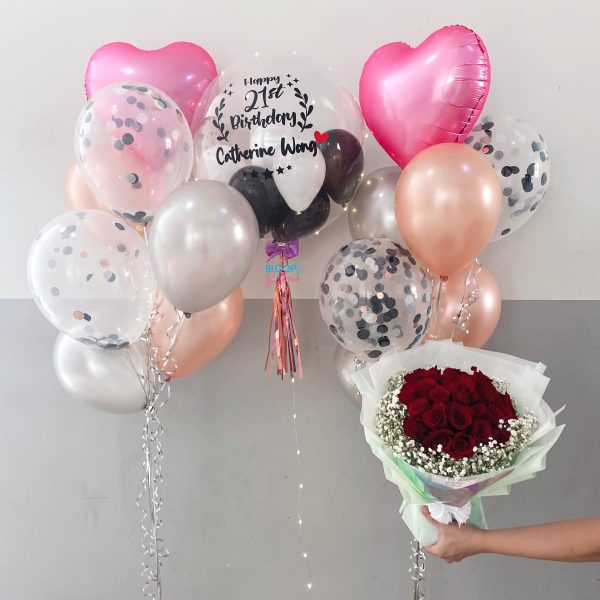 24  personalised balloon with 2 side bouquets and 30 roses bundle set - Valentine s Day For Cheap