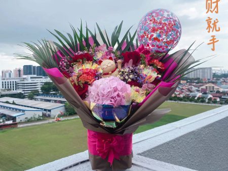 [MEDIUM BOUQUET] 5   Personalised Balloon with Fortune Cat Flower Bouquet - 横财就手 For Discount