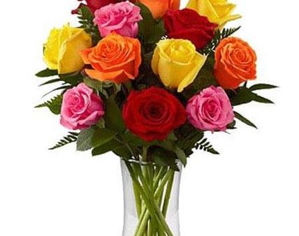 Dozen Mix Roses in a Glass - VD Cheap