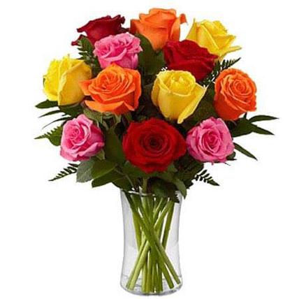 Dozen Mix Roses in a Glass - VD Cheap