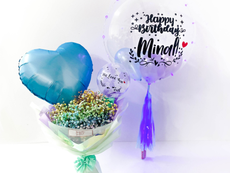 24   Personalised Balloon with Medium Sized Full Baby Breath Flower Bouquet Sale