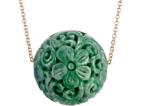 Deep Green Jade Floral Ball Pendant Necklace For Sale