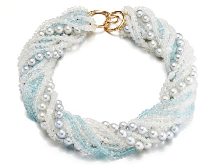 Blue Akoya Pearl, Moonstone & Aquamarine Twist Necklace Hot on Sale