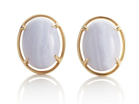 Blue Lace Agate Cabochon & Gold Earrings Cheap